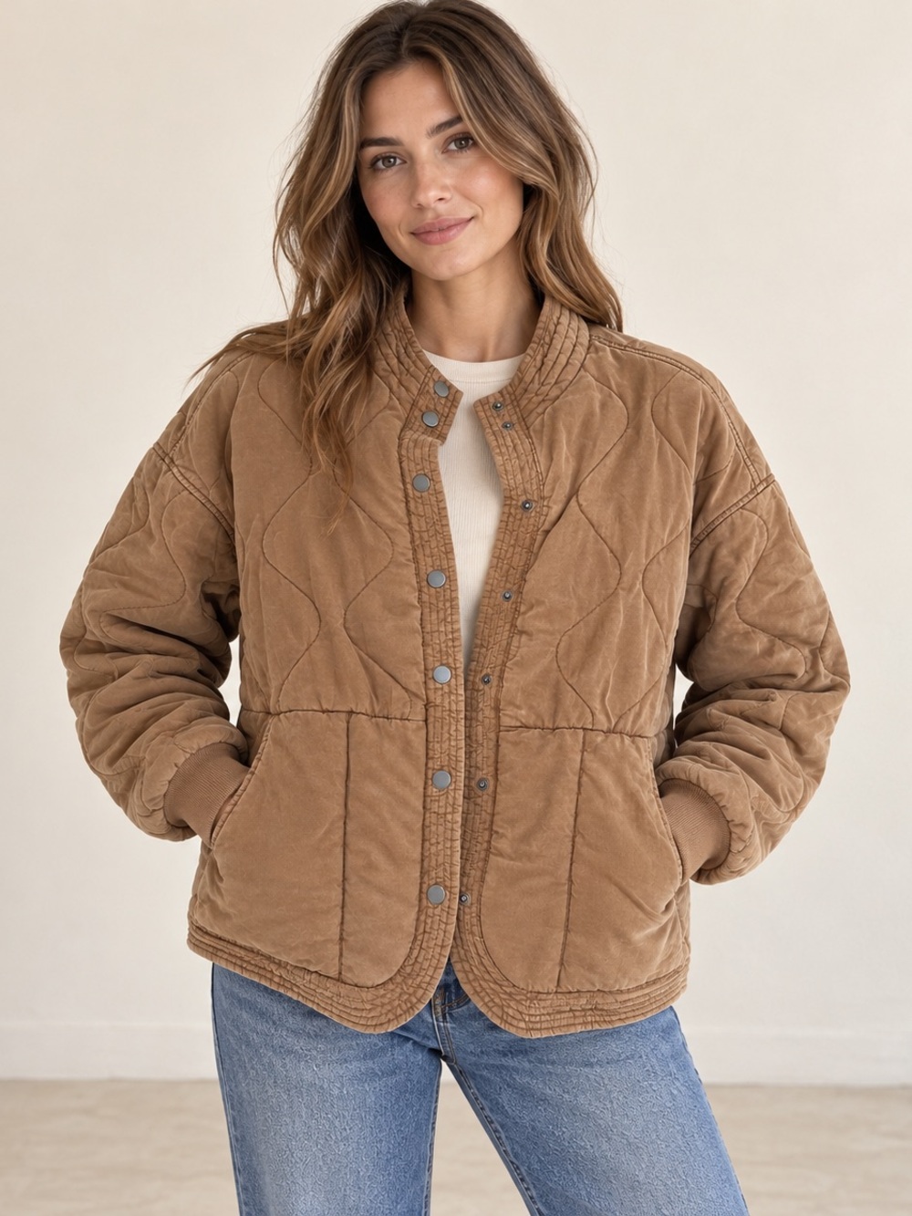 BLANKNYC Quilted Snap Jacket Chai Tan Oversized XS NWOT
